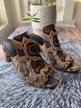 Vince Snakeskin Leather Mules Block Heel Open Toe